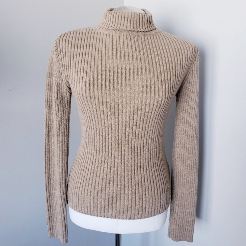VOLCOM Wool Fitted Gold Sparkle Turtleneck Sweater